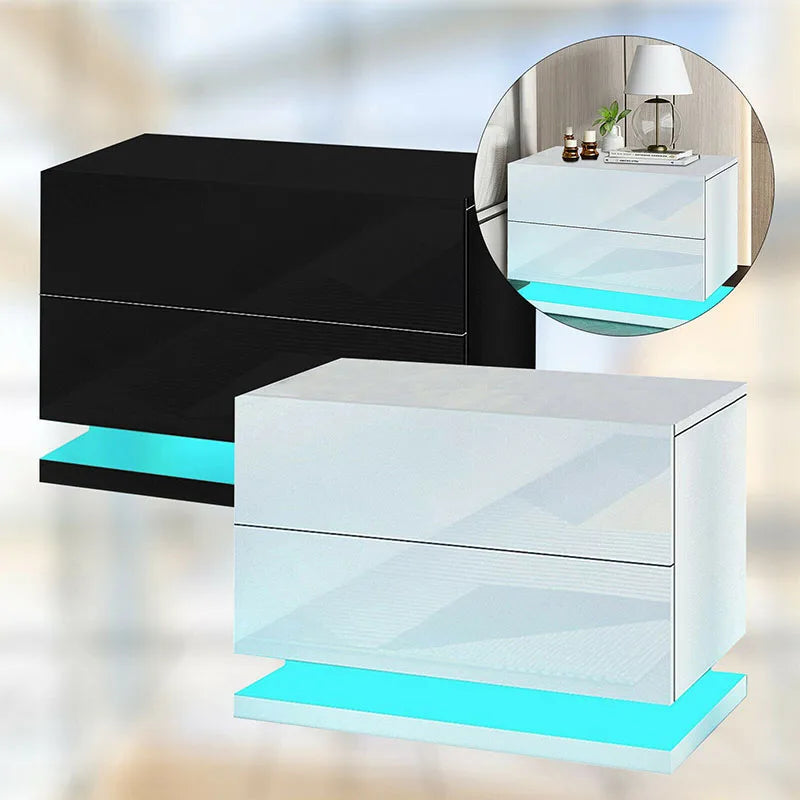 50×35×43cm Modern Bedside Table Nightstand Cabinet High Gloss 2 Drawers with LED Light for Bedroom