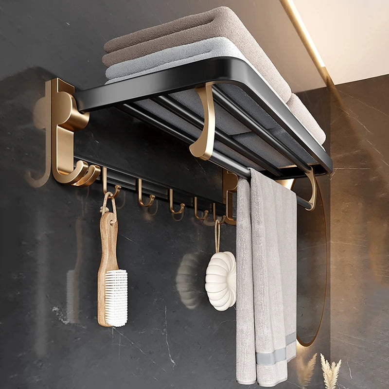 Luxury Bathroom Accessories Hardware Set Space Aluminum Towel Rack Black Gold Towel Shelf Punch-Free Storage Rack with Hook