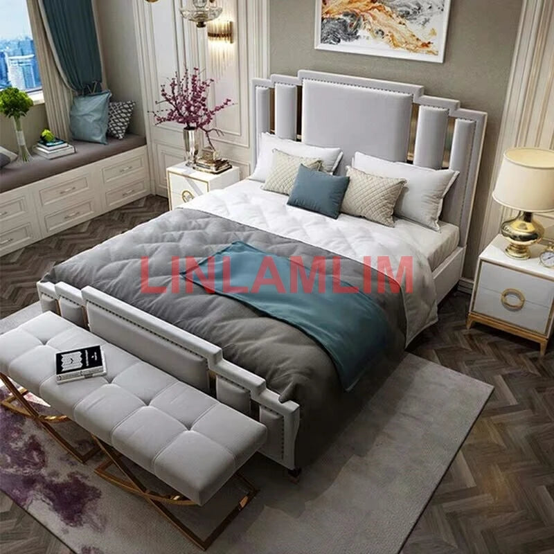 Linlamlim fabric cloth rectangel BED frame camas genuine leather bed кровать двуспальная cama سرير lit 2 personnes cama de casal