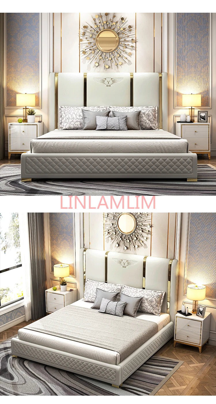 Genuine Leather entry lux bed frame modern Nordic camas ultimate bed кровать двуспальная lit beds سرير  muebles de dormitorio ме