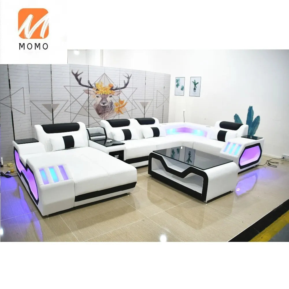 New arrival living room sofas super modern style living room furniture LED lamps top quality leather couch living room sofas