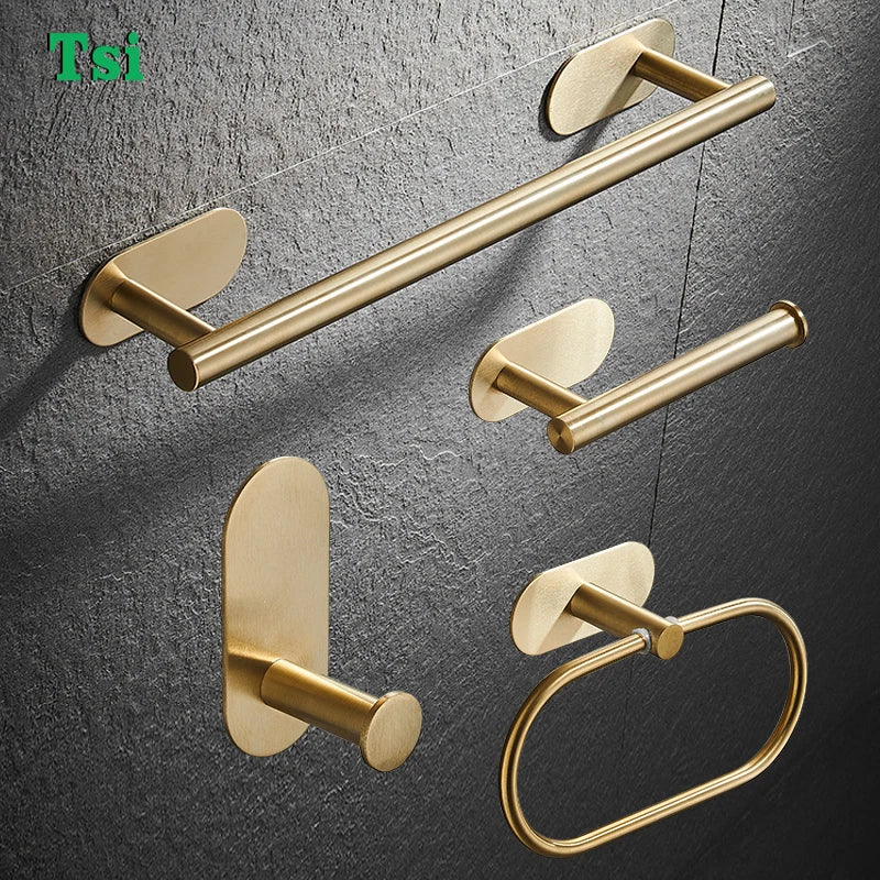 No Drill Bathroom Accessories set Gold Towel Bar Rack Towel Rail Black Towel Ring Toilet Paper Holder Wall-mounted Robe Hook