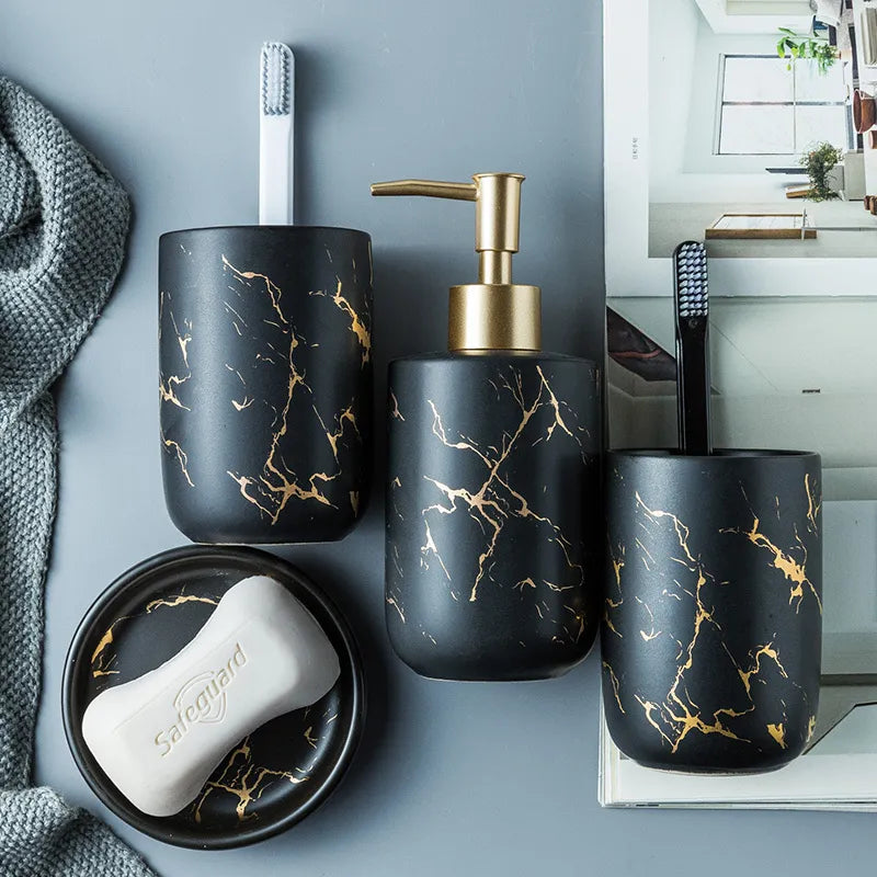 Bathroom Accessories Set Black Gold Marble Bathroom Set With Toothbrush Holder Lotion Dispenser Soap Dish Tumbler Home Organizer