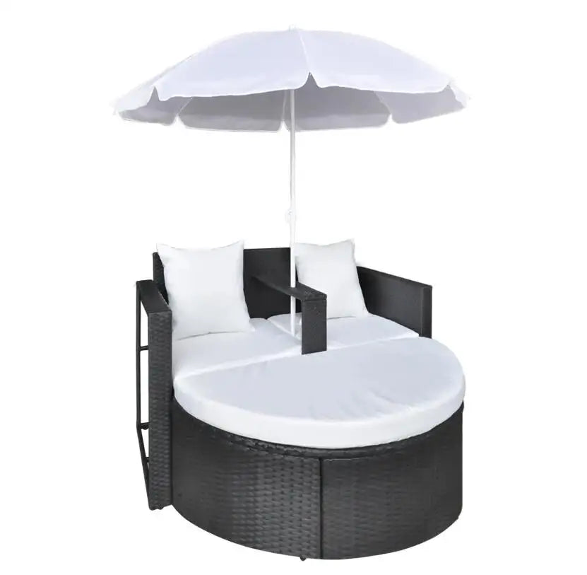 Garden Bed with Parasol Black Poly Rattan