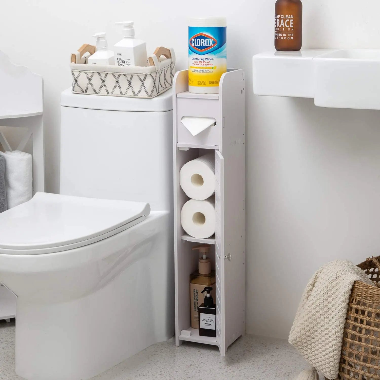 BluesdeSmall Bathroom Corner Floor Cabinet Toilet Vanity Cabinet Narrow Bath Sink Organizer Towel Storage Shelf for Paper Holder