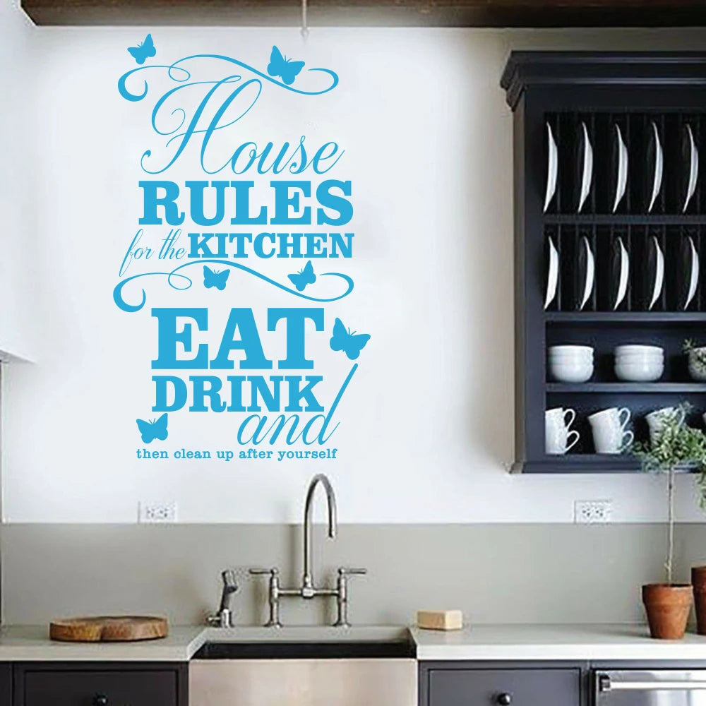 House Rules for Kitchen Quote Wall Sticker Dining Room Eat Drink Clean Up Butterfly Family Wall Decal Home Decor