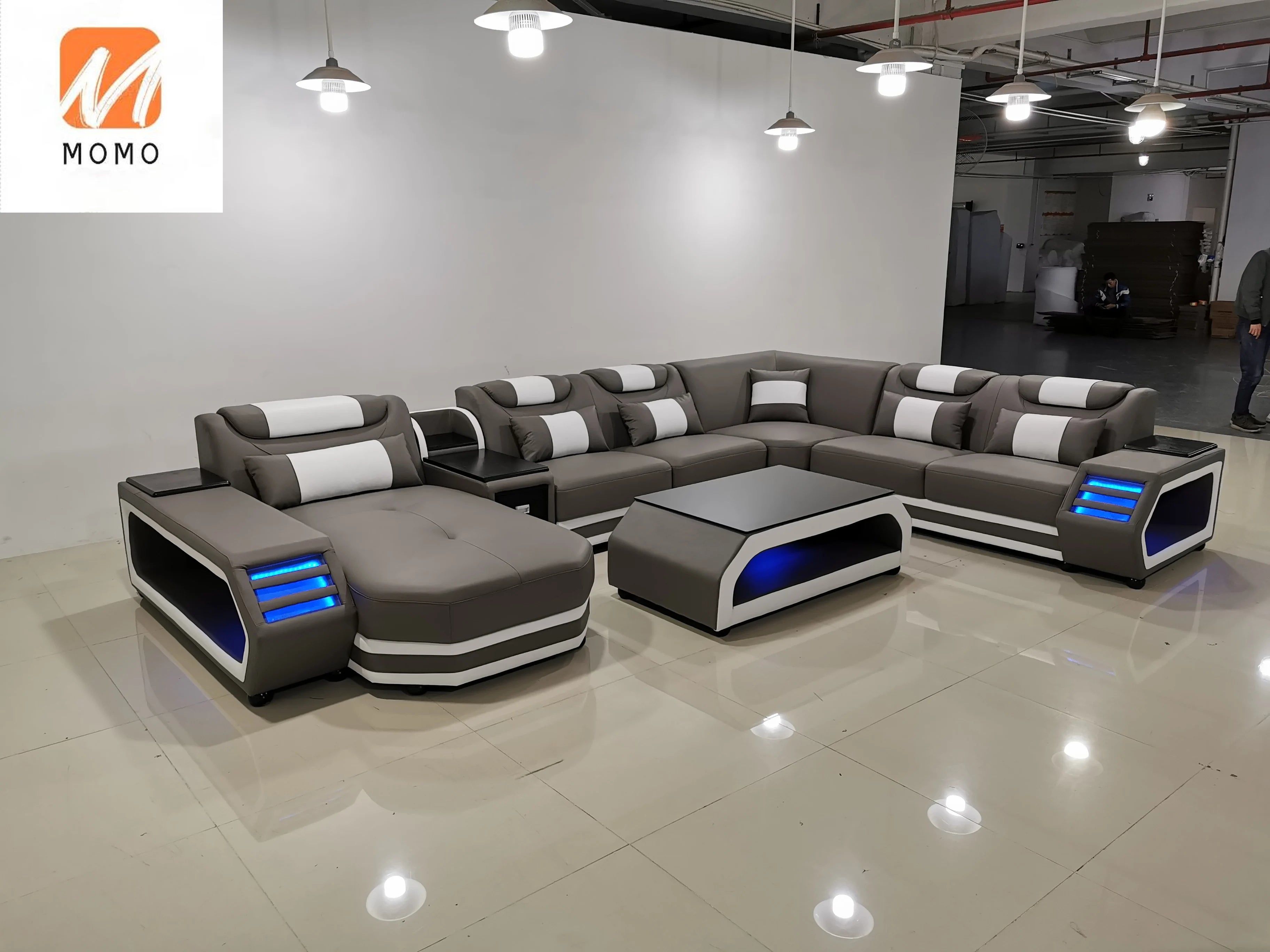 New arrival living room sofas super modern style living room furniture LED lamps top quality leather couch living room sofas