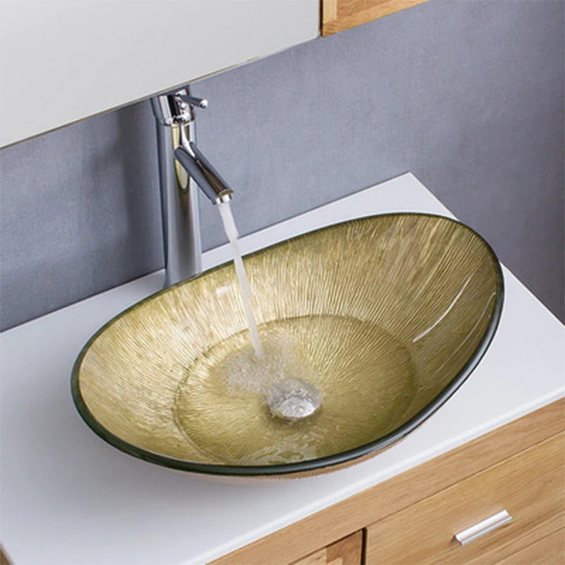 Simple Household Above Counter Basin Tempered Glass Washbasin Oval Line Striped Ingot Wash Basin Art