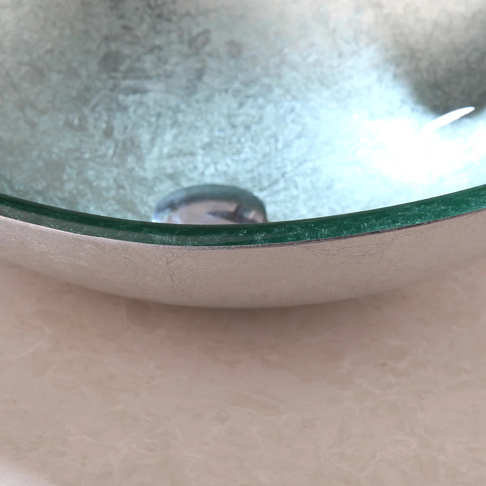 KEMAIDI Bathroom Counter top Bowl Sink Washroom Vessel Vanity Sinks Mixer Silver Tempered Glass Basin Sink Washbasin Faucet Set