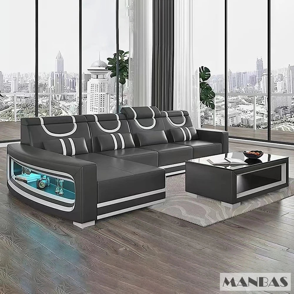 Upgrade Your Living Room with MANBAS Italian Genuine Leather Sofa - 2 Colors Combination, LED Light & Soft Cushions