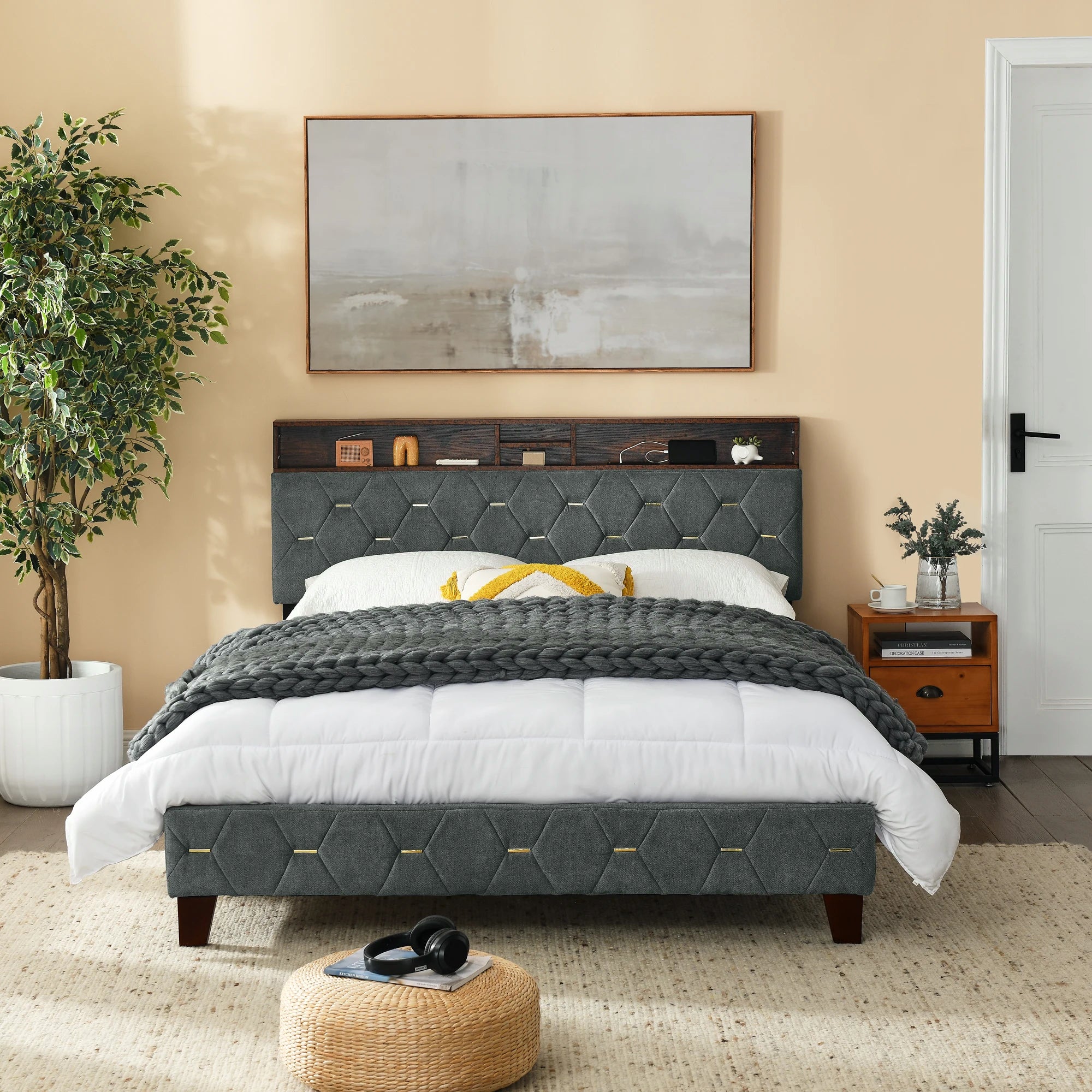 Queen/Full Bed Frame Shelf Upholstered Headboard Platform Bed W/Outlet&USB Ports Wood Legs Grey/Beige Easy Assembly[US-W]