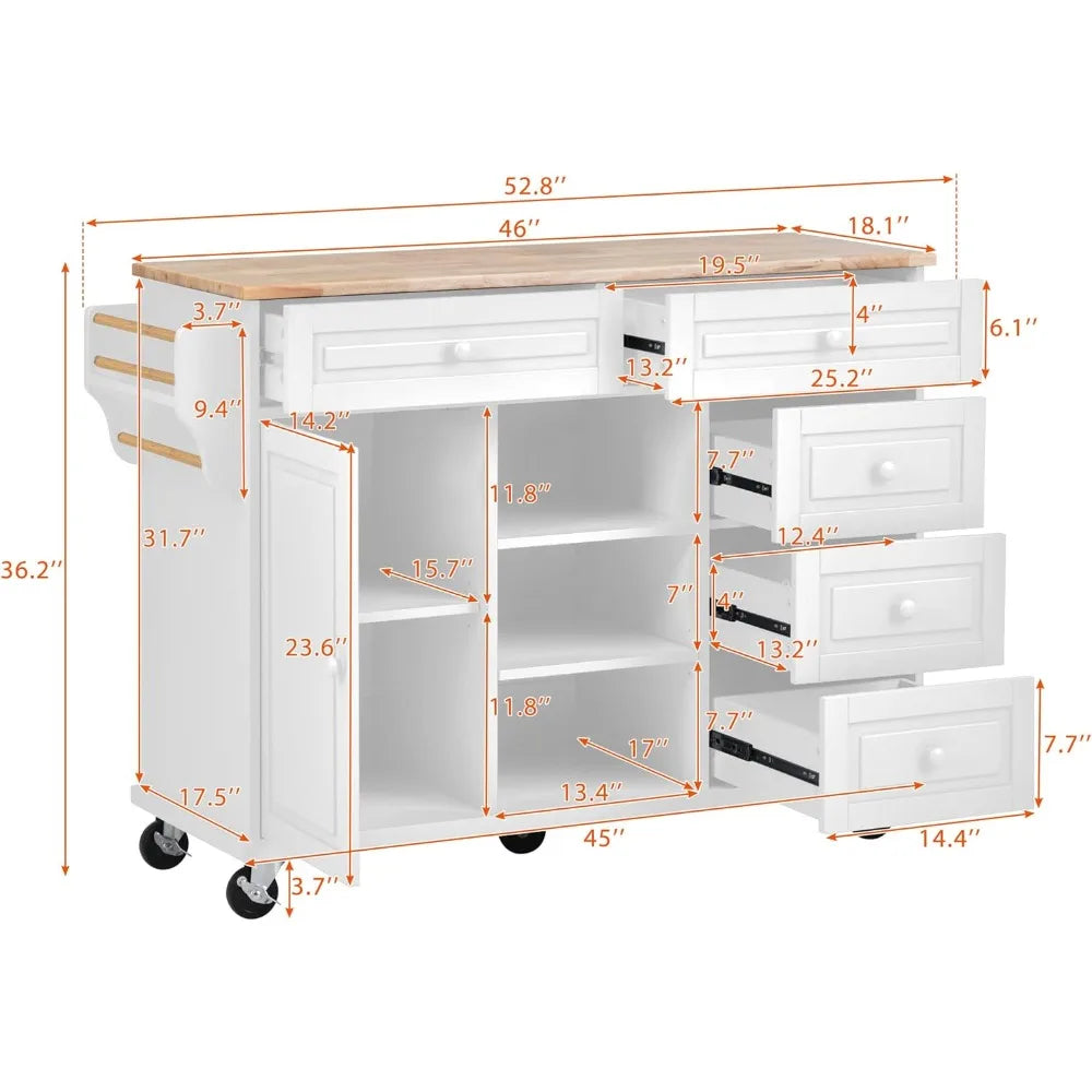 Kitchen Cart with Storage, Rolling Mobile Kitchen Island Cart with Rubber Wood Desktop and 5 Draws & Shelves, White