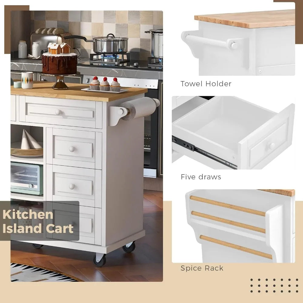 Kitchen Cart with Storage, Rolling Mobile Kitchen Island Cart with Rubber Wood Desktop and 5 Draws & Shelves, White