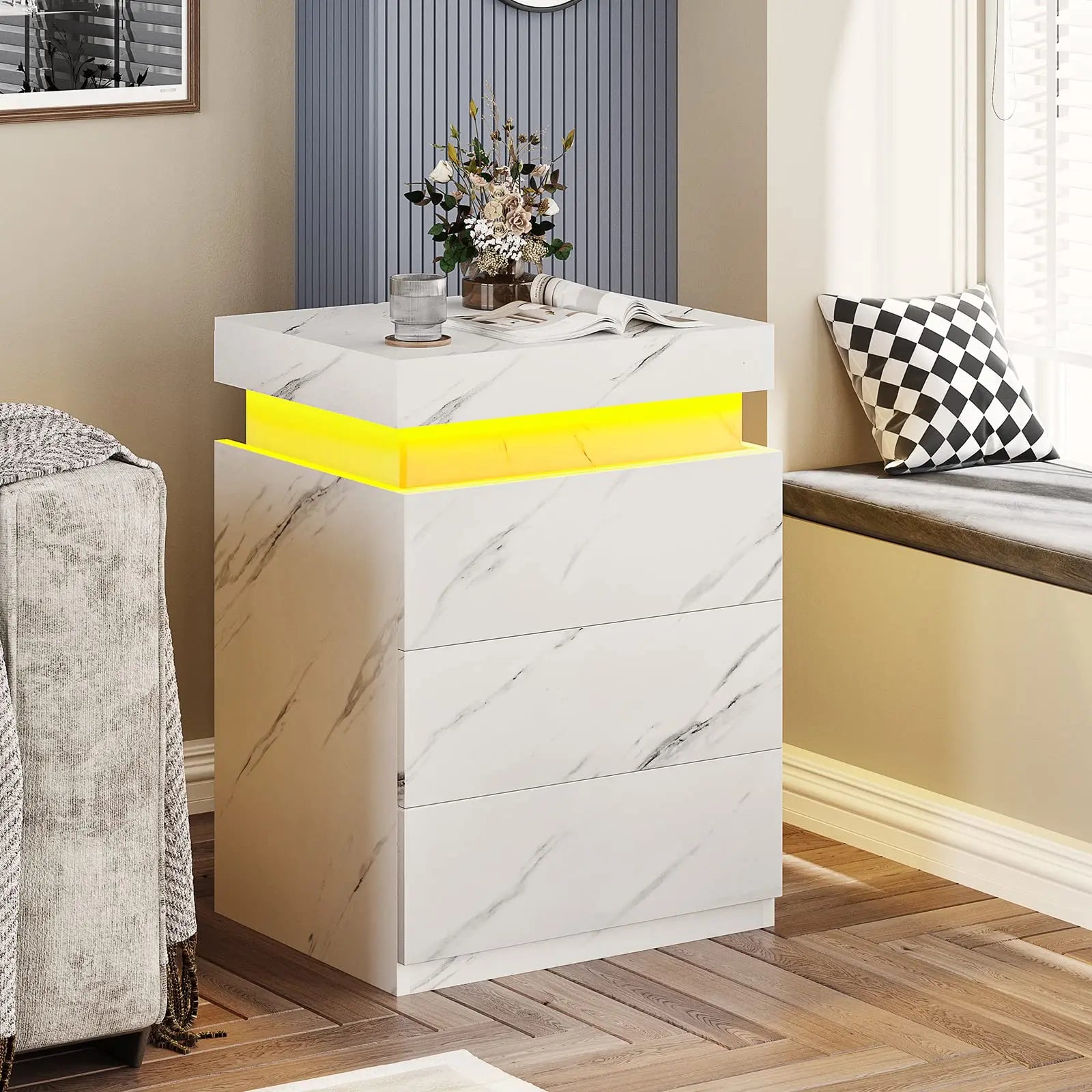 Nightstand With Charging Station And LED Lights Night Stand With Sliding Top For Bedroom Bedside Side Table With Drawers Modern