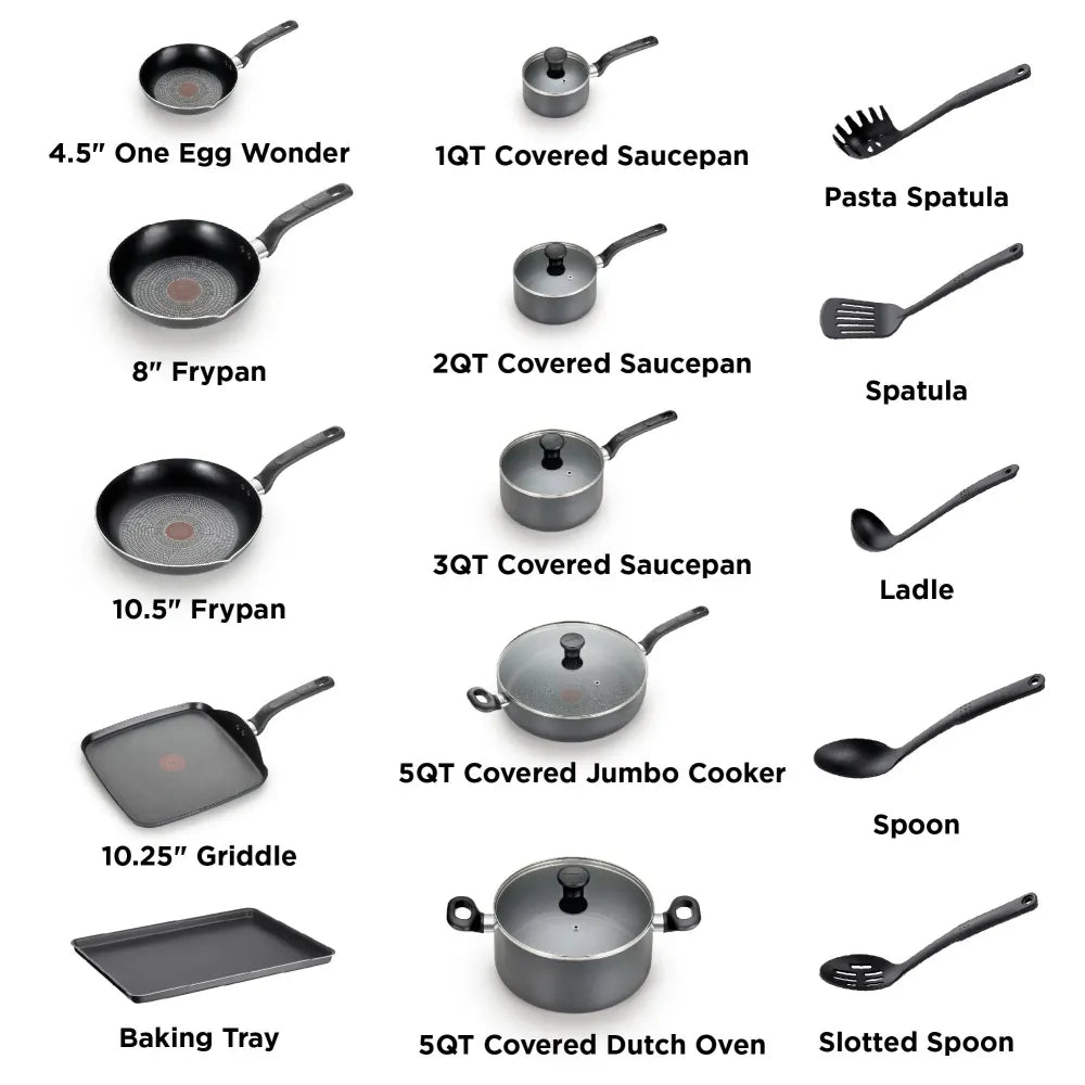 T-fal Nonstick Cookware, 20 Piece Set, Grey, Dishwasher Safe  cookware set  kitchen cookware set  cooking pots set  pots and pan