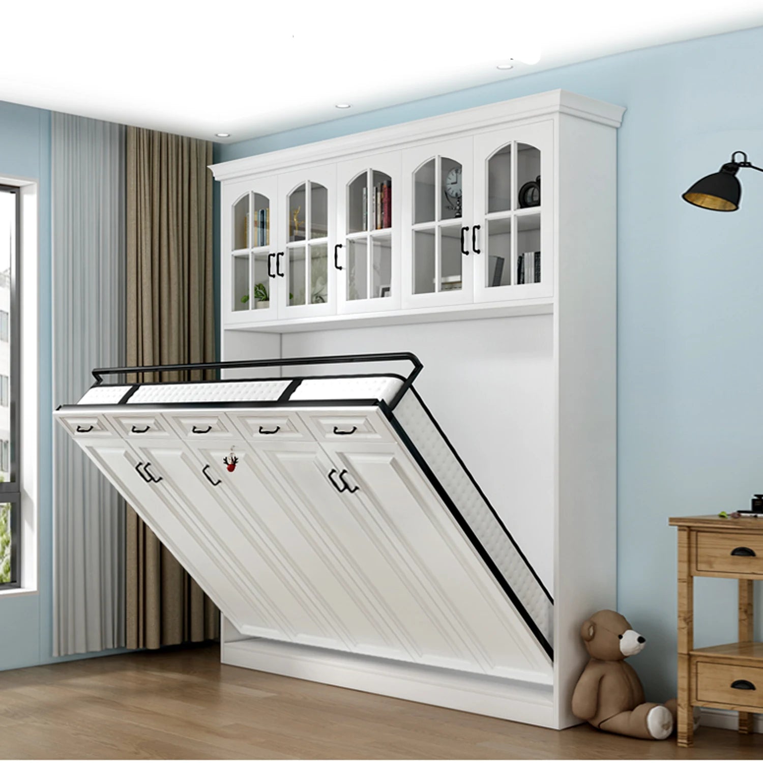 Custom made space saving  with wardrobe storage wine cabinet bookshelf Murphy bed mechanism wall bed