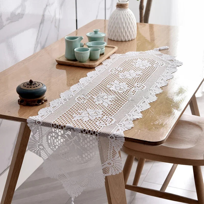 Rectangular Lace Table Runner White Cotton Table Dresser for Dining Coffee Tea End Tables Doilies Cover Home Wedding Party Decor