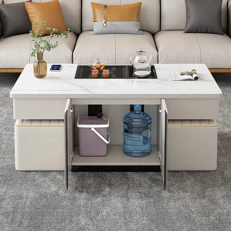 Intelligent lifting white wear-resistant rock board coffee table with USB fast charge