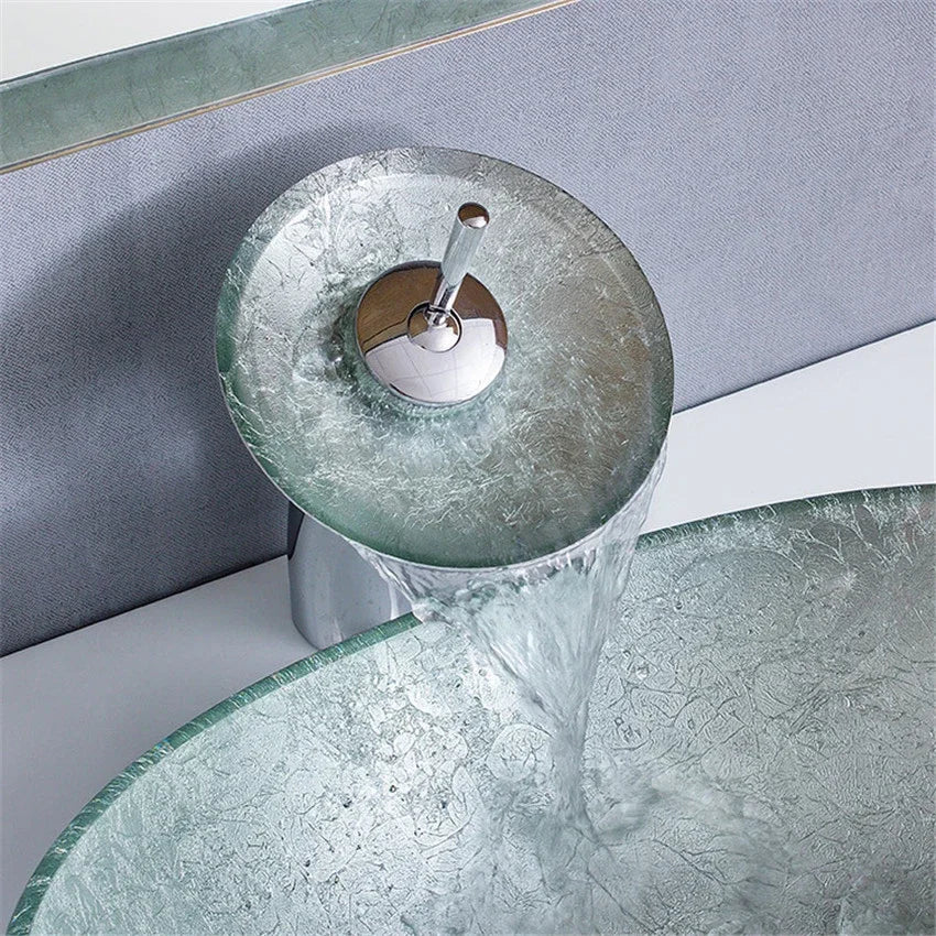 Oval Bathroom Tempered Glass Washbasin Handpainting Bowl Sink Lavatory Basin Combine Brass Swivel Spout Faucet Art Wash Basin