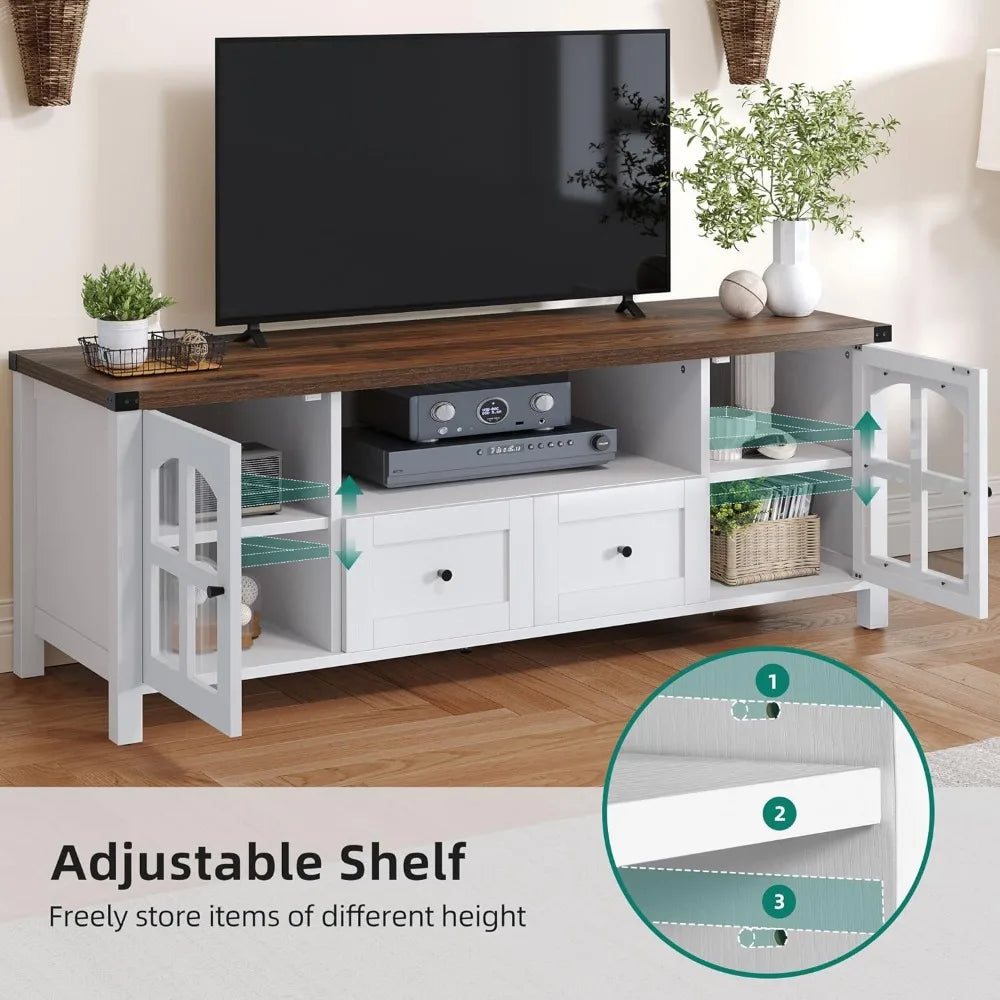 TV cabinet, TV table with storage drawers, suitable for up to 65 inches of TV, white and walnut wood