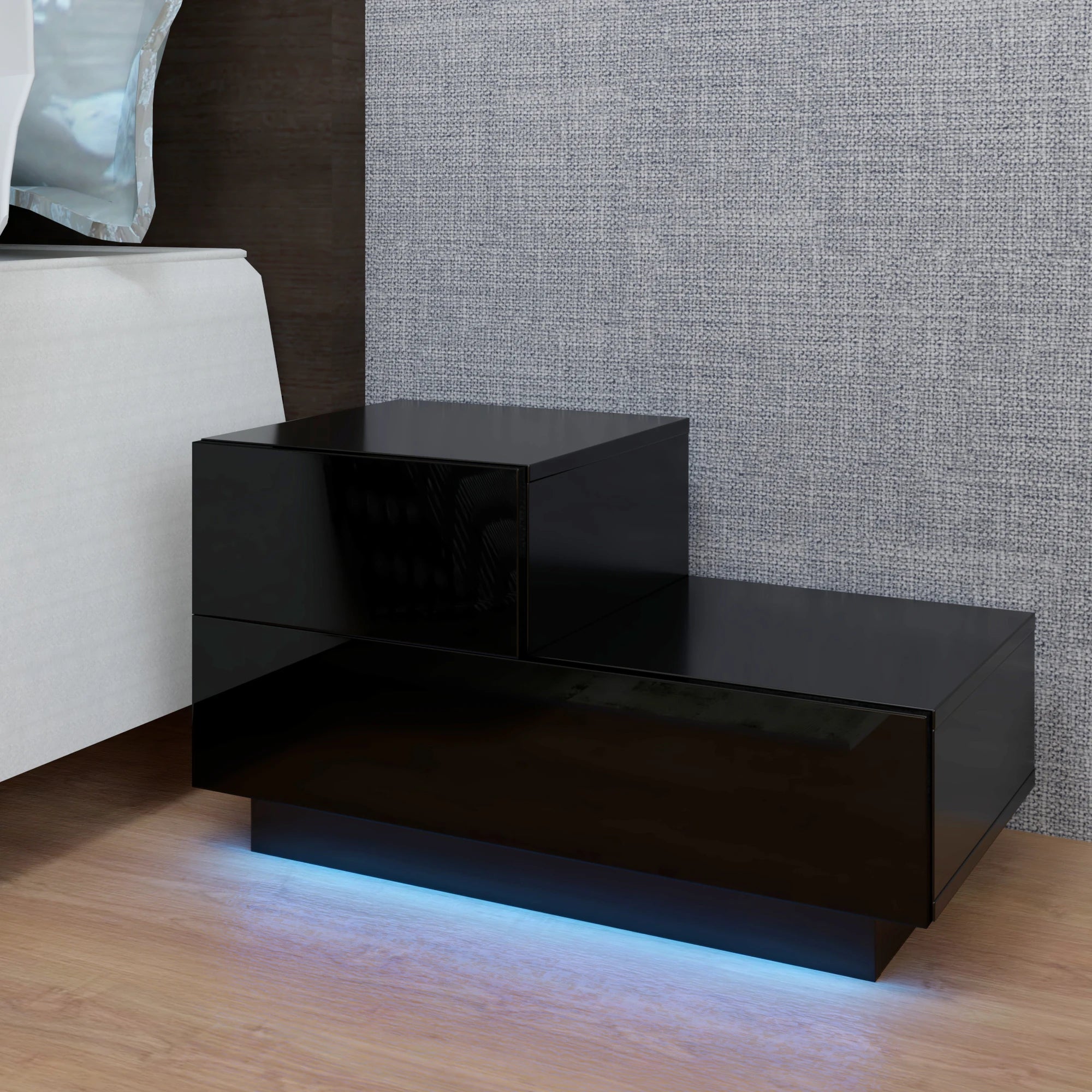 [Flash Sale]RGB LED 2-Drawer Nightstand Upper Short and Lower Long End Table White/Black[US-Stock]