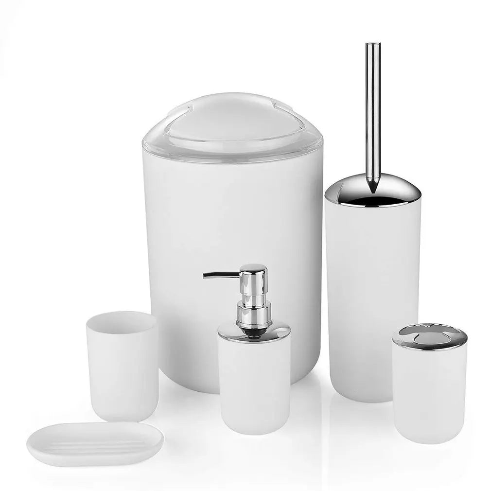 6Pcs Luxury Bathroom Accessories Plastic Lotion Bottle Toothbrush Holder Tooth Cup Soap Pan Toilet Brush Trash Can Set