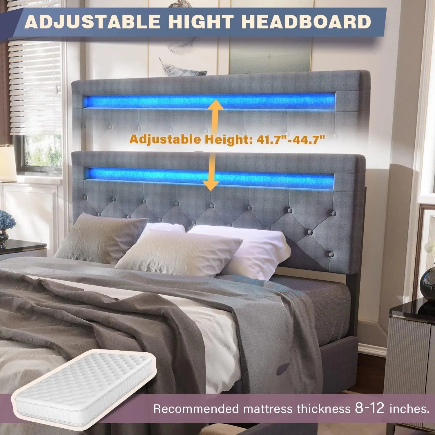 Queen LED Bed Frame Upholstered Platform Bed w/ 4 Storage Drawers Adjustable Headboard for indoor bedroom furniture