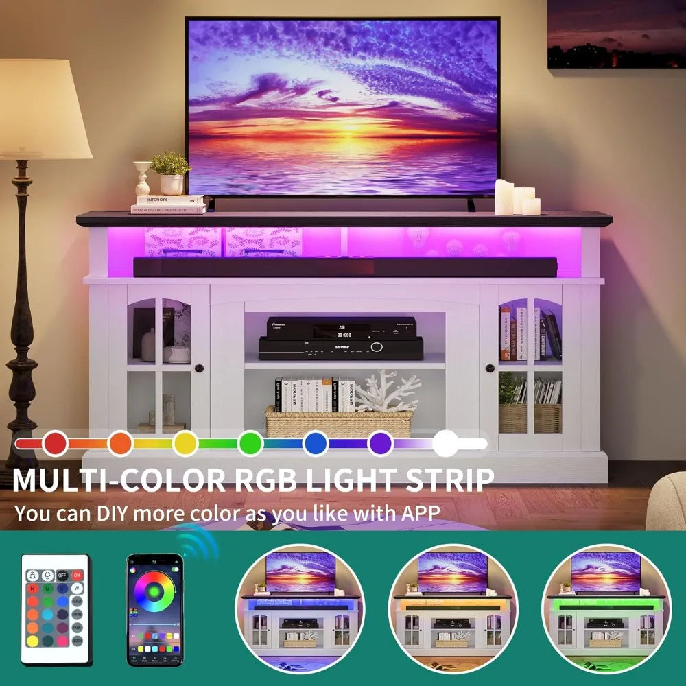 Tv Tables LED Farmhouse TV Stand for TV Up to 65 Inch W/Outlets White Cabinet Living Room Furniture Table Stands Modern Rak Home