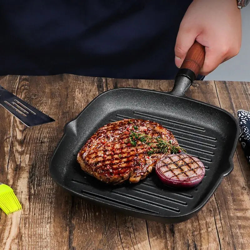 Thickened Cast Iron Steak Frying Pan Non-coated Non-stick Household Stripes Frying Steak Special Pan