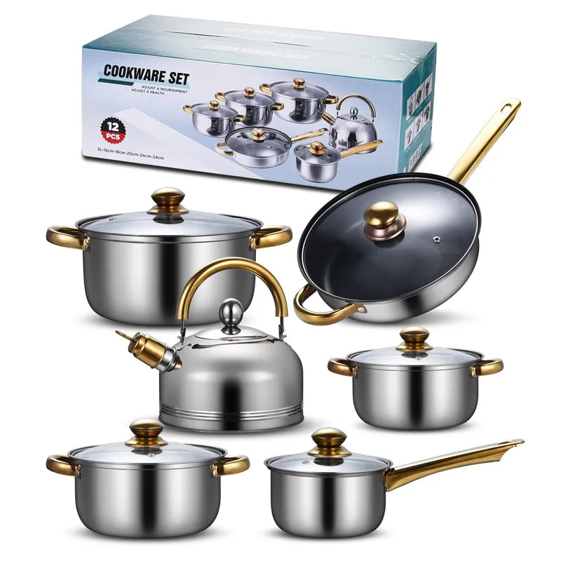 12 Pieces Of Stainless Steel Cookware Set 6 Kinds Of Kitchen Pot Combination Frying Pan Soup Pot Milk Pot Kettle Set Pot Gift
