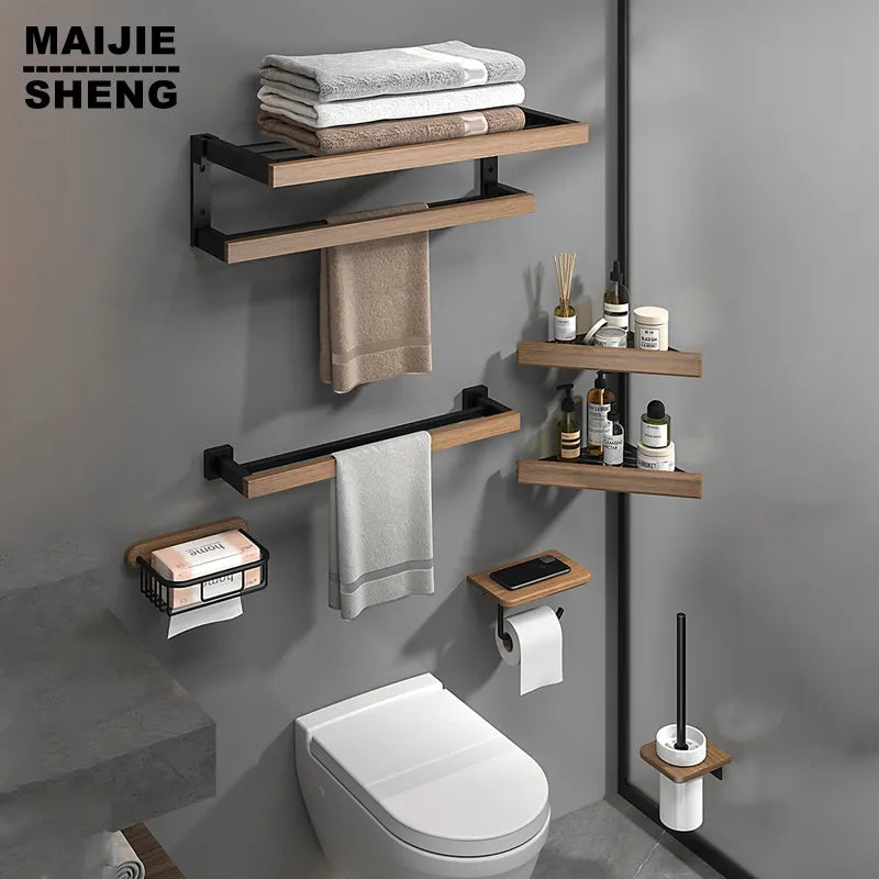 Bathroom Hardware Set, Black Wood Bath Accessories Wall Mounted Towel Rack,Towel Bar,Toilet Brush,Towel Hooks,Paper Holder