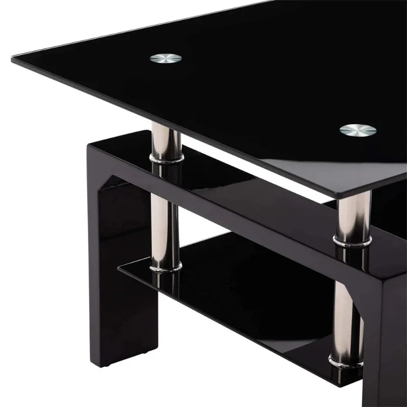 Rectangle Tempered Glass Coffee Table Metal Tube Legs End Table for Living Room, Black