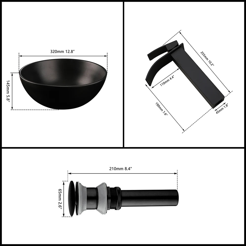 KEMAIDI Bathroom Sink Round Sinks and Black Ceramic Bathroom Sink Bowls Bathroom Basin/ Black Faucet Mixer Tap Combo