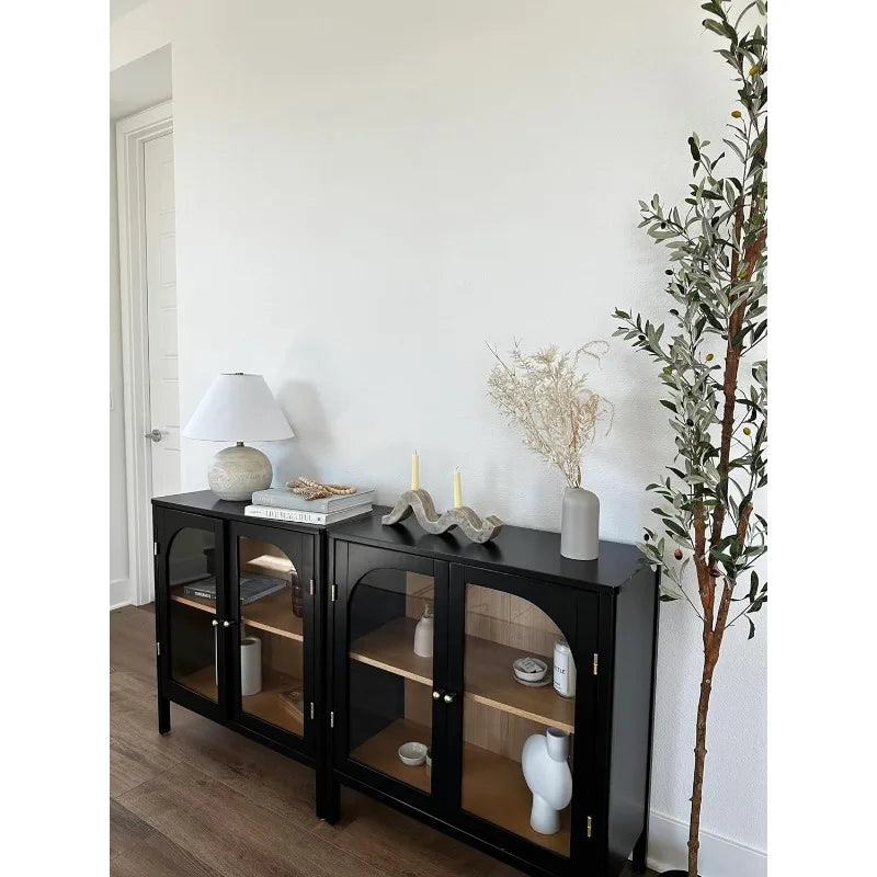 Modern Storage, Buffet, Sideboard, Free Standing Accent Cabinet for Hallway,Entryway or Living Room, Set of 2, Clear Glass/Black