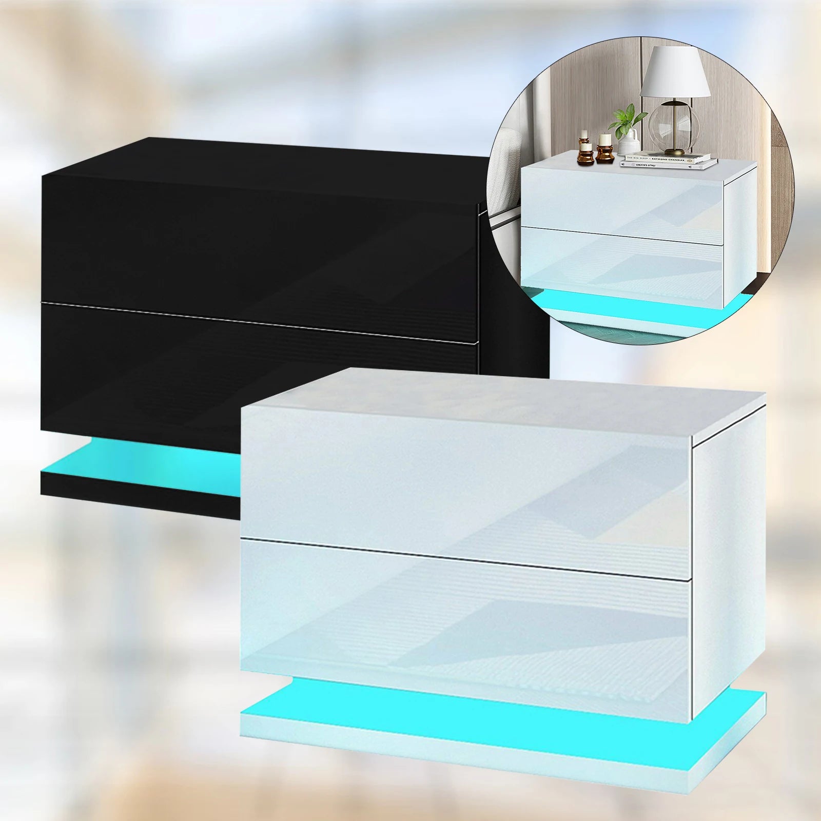 50×35×43cm Bedside Table Nightstand Cabinet High Gloss 2 Drawers w/ Led Light Bedroom 
