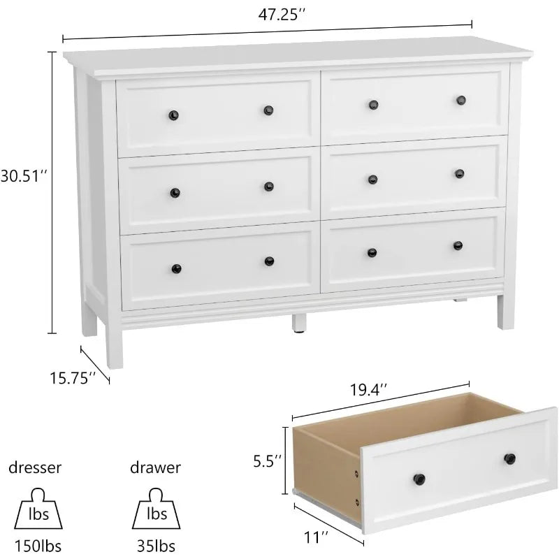 JOZZBY White Dresser, 6 Drawer Double Dresser for Bedroom Furniture with Metal Knobs & Wide Storage, Chest of Drawers