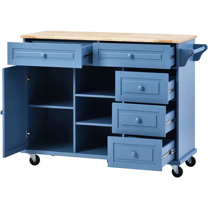 kitchen Cart with Rubber Wood Desktop Rolling Mobile Kitchen Island with Storage and 5 Draws 53 Inch Width （Blue）