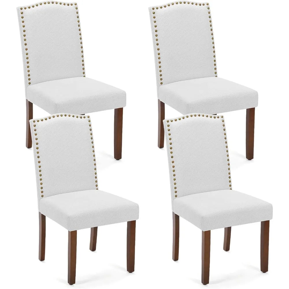 4-piece Dining Chair Set, Fabric Dining Chair, Upholstered Parsons Chair with Spike Head Trim and Wooden Legs, Grey