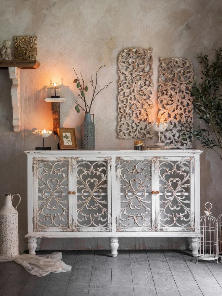 European French retro solid wood iron carved porch cabinet living room decorative partition cabinet dining side cabinet