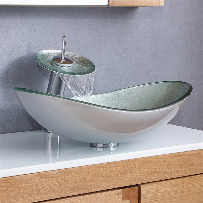 Oval Bathroom Tempered Glass Washbasin Handpainting Bowl Sink Lavatory Basin Combine Brass Swivel Spout Faucet Art Wash Basin