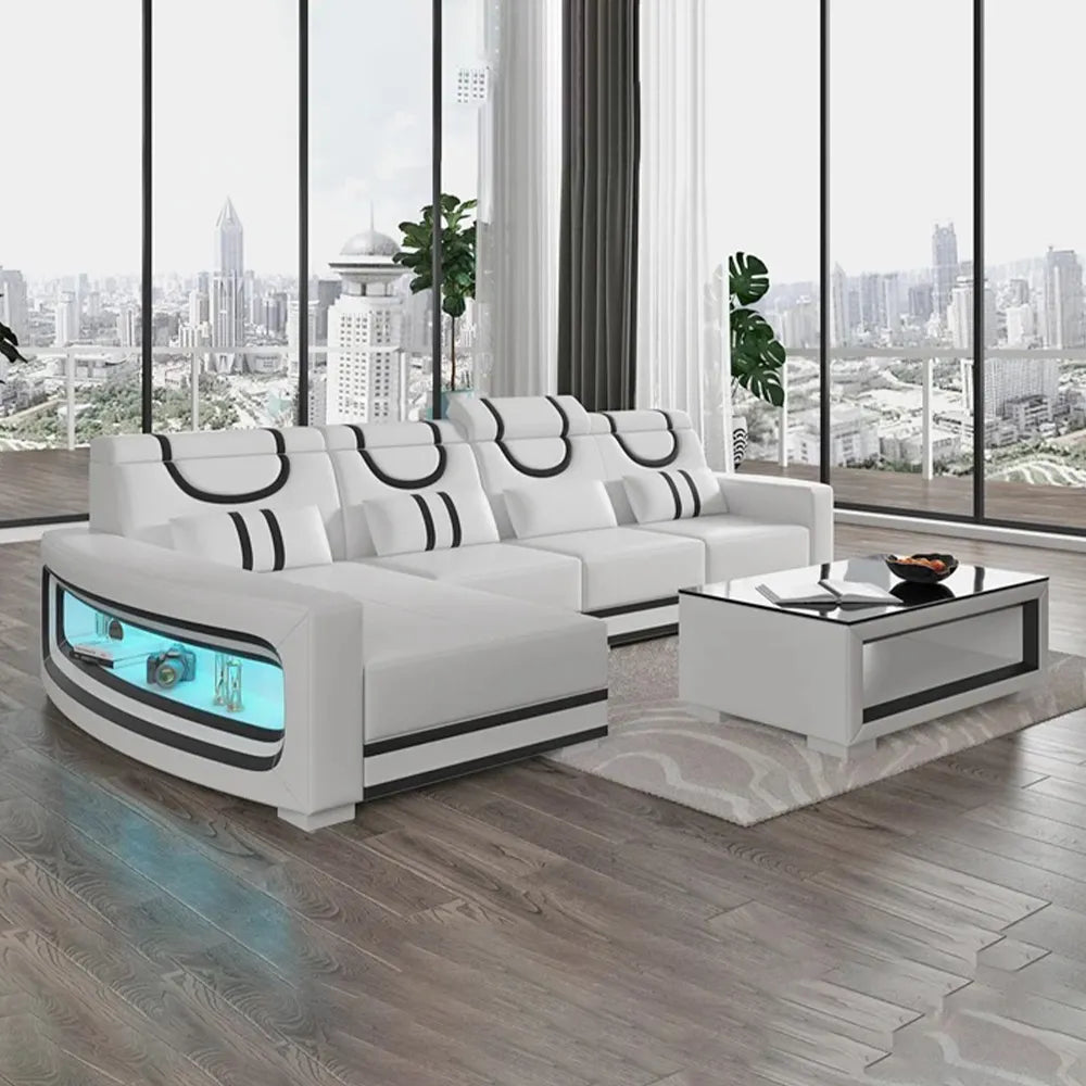 Upgrade Your Living Room with MINGDIBAO Italian Genuine Leather Sofa - 2 Colors Combination, LED Light & Soft Cushions