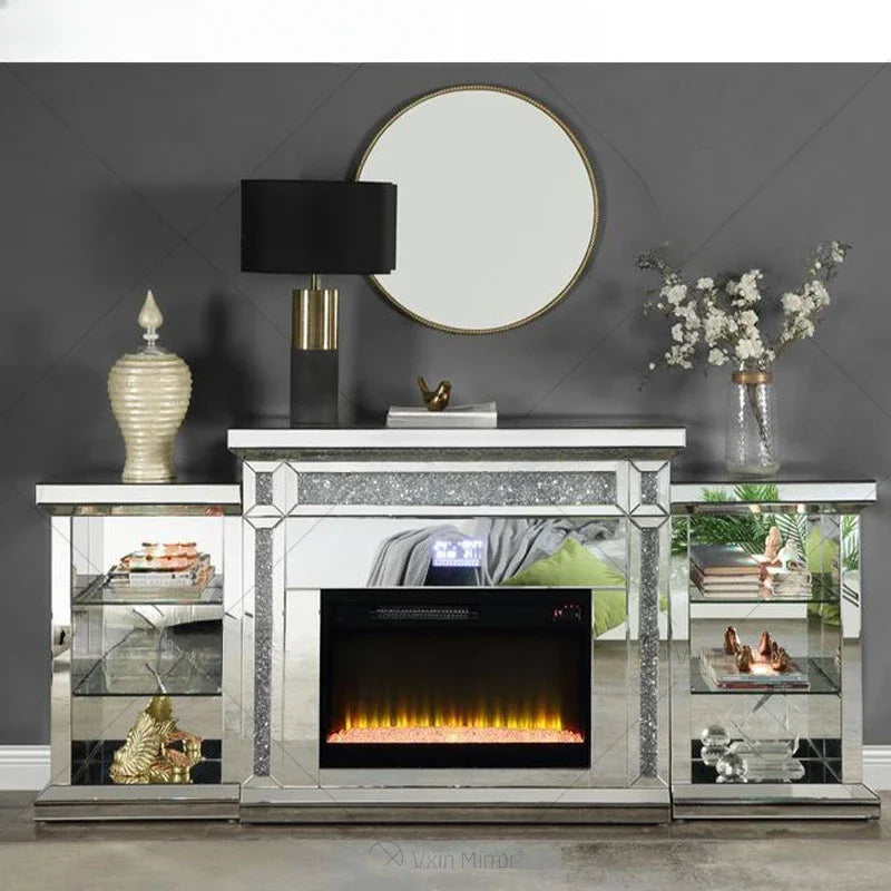 Multi-color  silver crystal Glass living room mirror fireplace with drawers