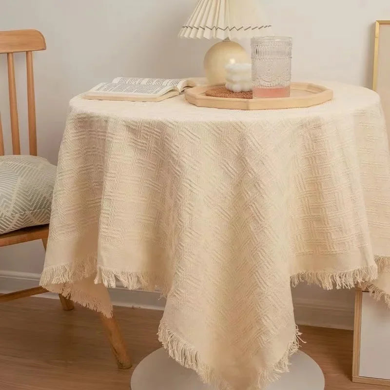Beige retro knitted long tea table, dining table cover, sofa, simple and high-end birthday decoration  H6U3994