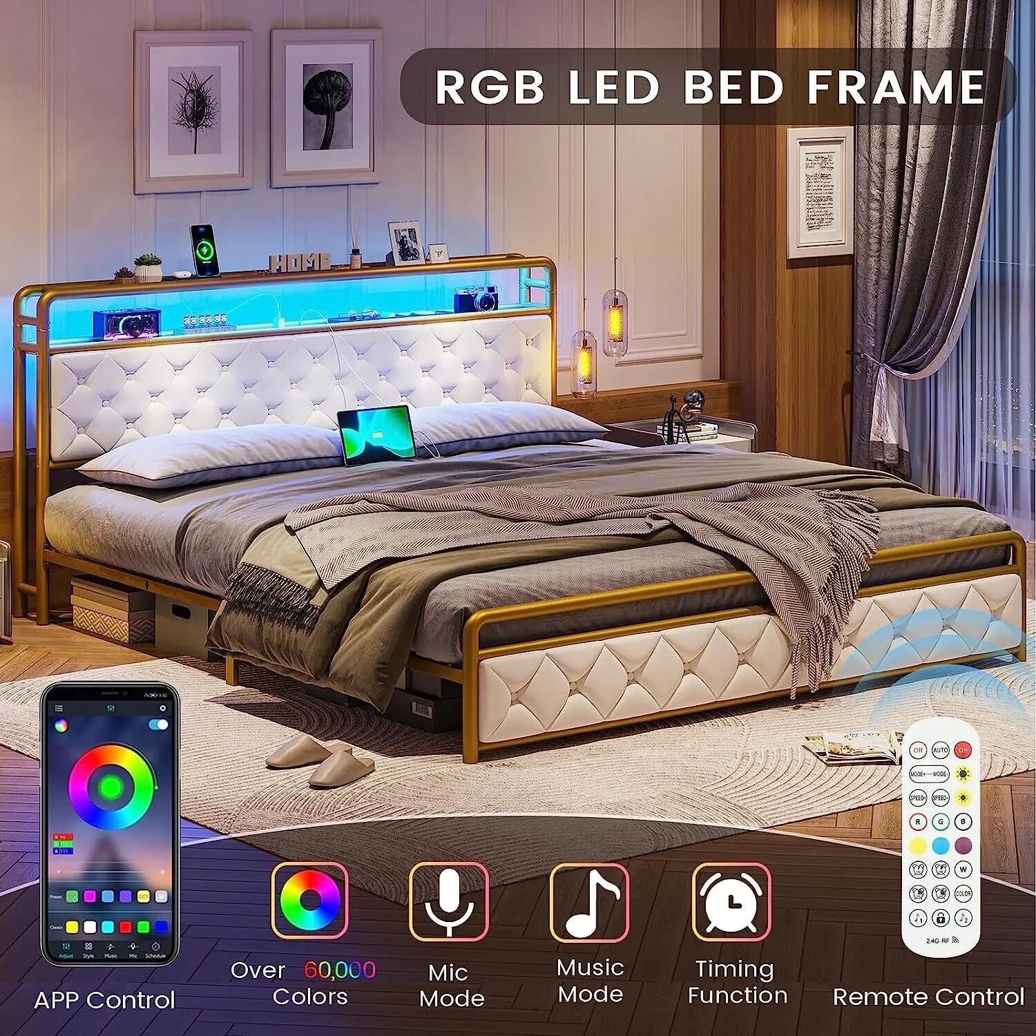 King Size LED Bed Frame with Storage Headboard with USB and Shelf,Upholstered Platform Bed Frame,Modern Style King Size Bed
