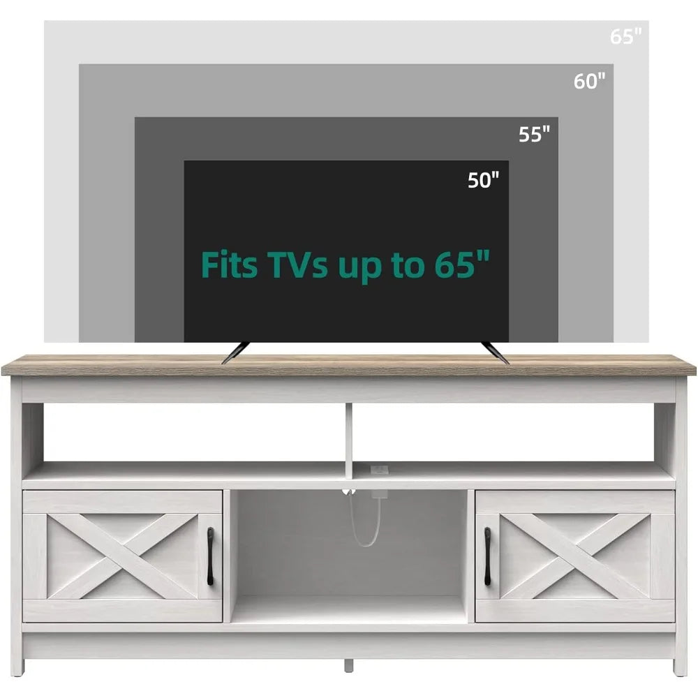 65 inch TV cabinet with power socket, storage cabinet, and open shelf, suitable for living room, bedroom, gray white color