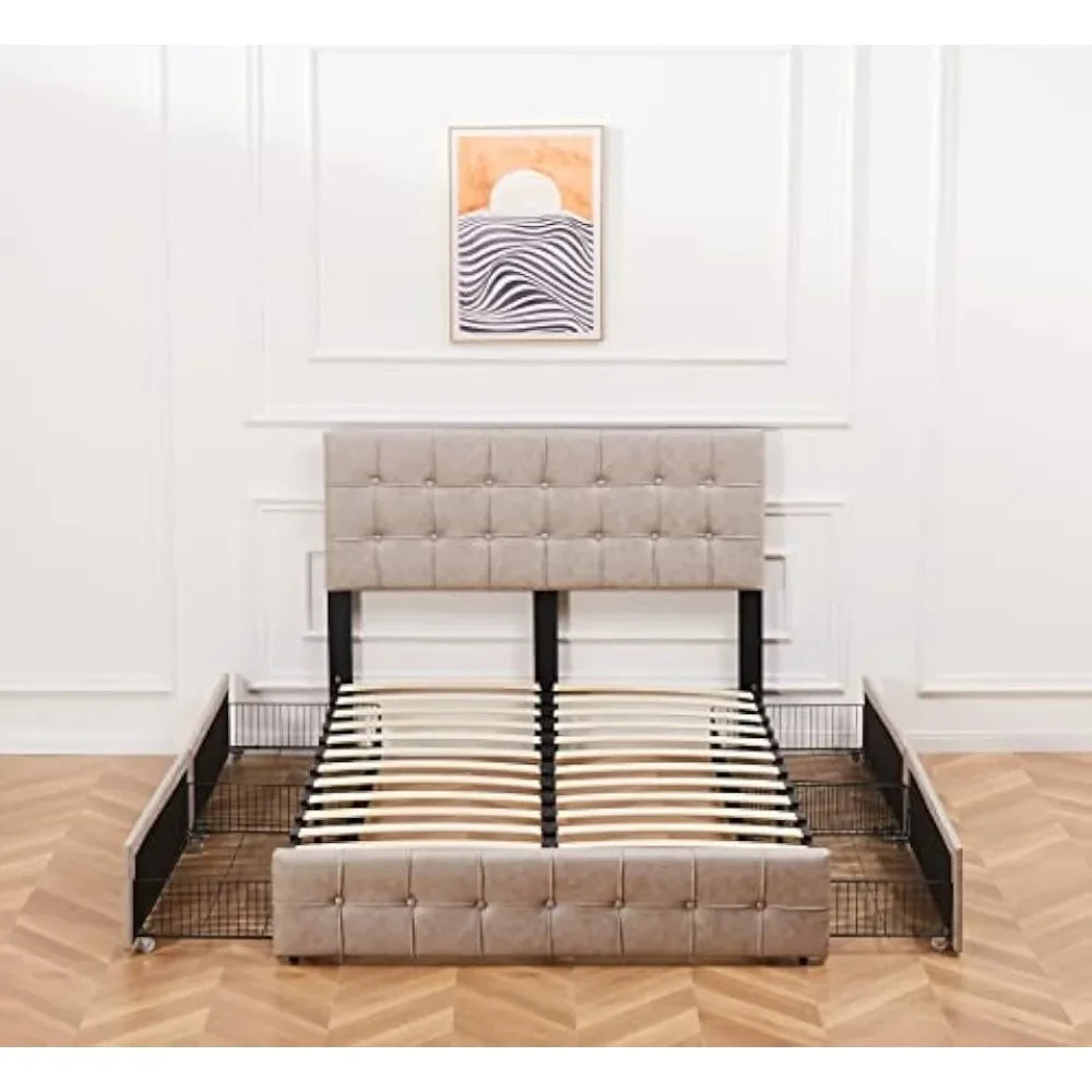 Upholstered Bed Frame Queen Size with 4 Storage Drawers and Square Stitched Button Tufted Headboard, Adjustable Mattress Height