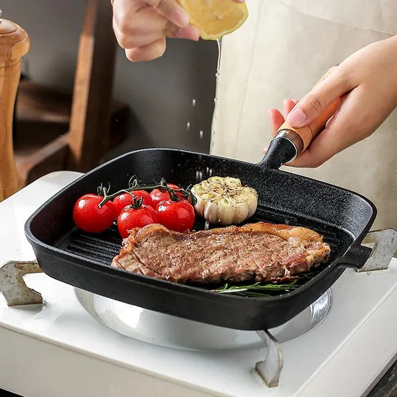 Thickened Cast Iron Steak Frying Pan Non-coated Non-stick Household Stripes Frying Steak Special Pan