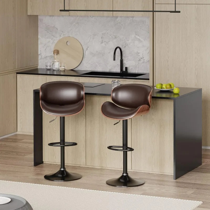 Adjustable Swivel Bar Stools Set of 2, Mid-Century Modern PU Leather Upholstered Counter Height Bar Stool, Kitchen Island
