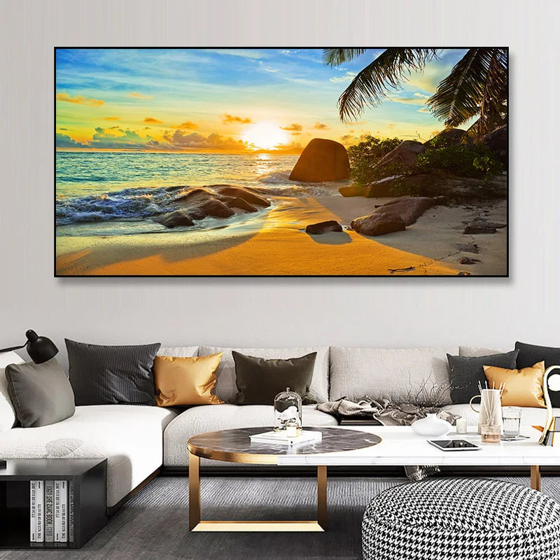 Landscape Sunset Beach Cloud Seascape Canvas Painting Palm Tree Coast Posters and Prints Wall Art Pictures Home Decor No Frame