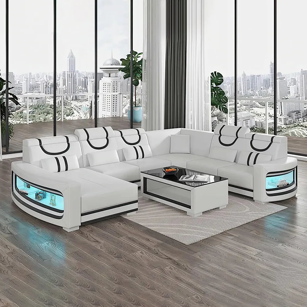 Upgrade Your Living Room with MANBAS Italian Genuine Leather Sofa - 2 Colors Combination, LED Light & Soft Cushions